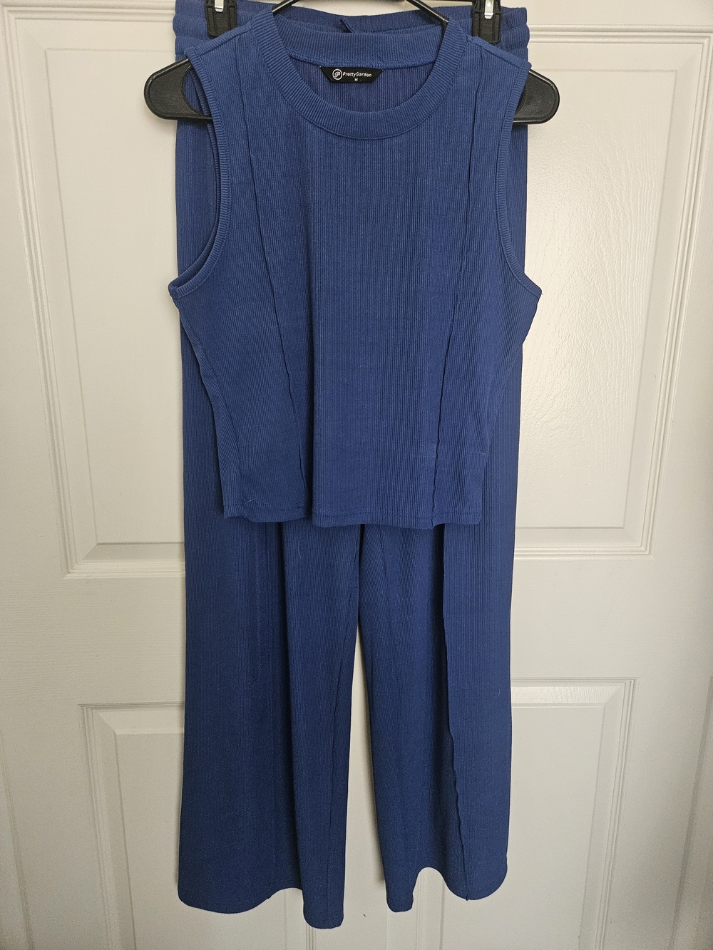 Sleeveless Knit Tank & Wide-Leg Pants Set - Blue